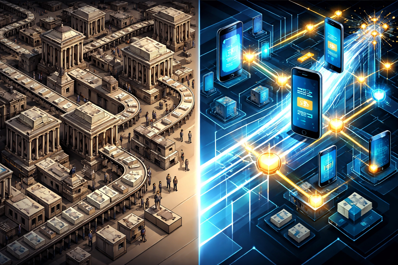 Comparison of traditional banking maze versus streamlined blockchain payment pathway for lower merchant interchange fees