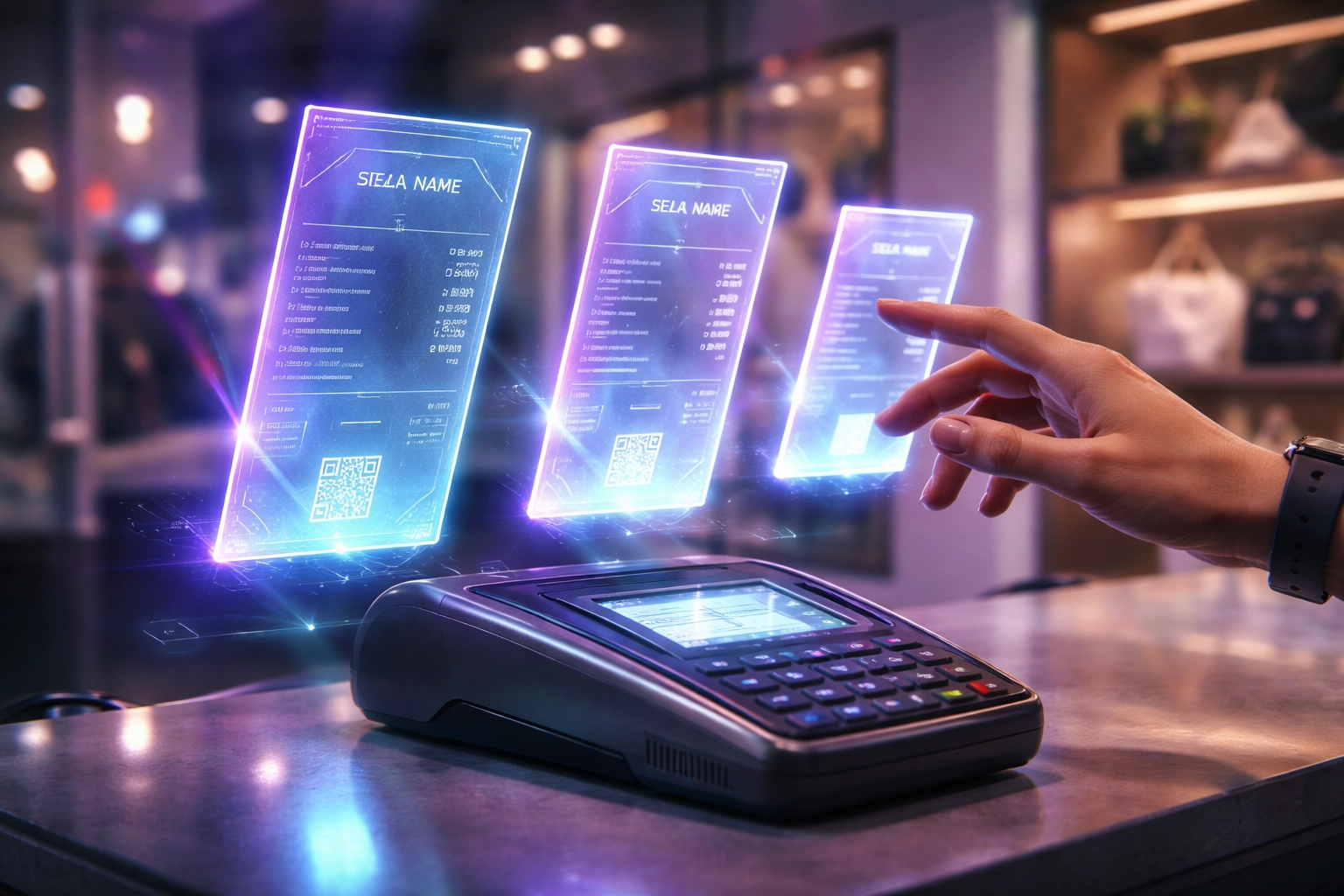A merchant at a retail counter reaches for floating NFT receipts, highlighting Larecoin’s innovative blockchain-based payment and receipt solutions.