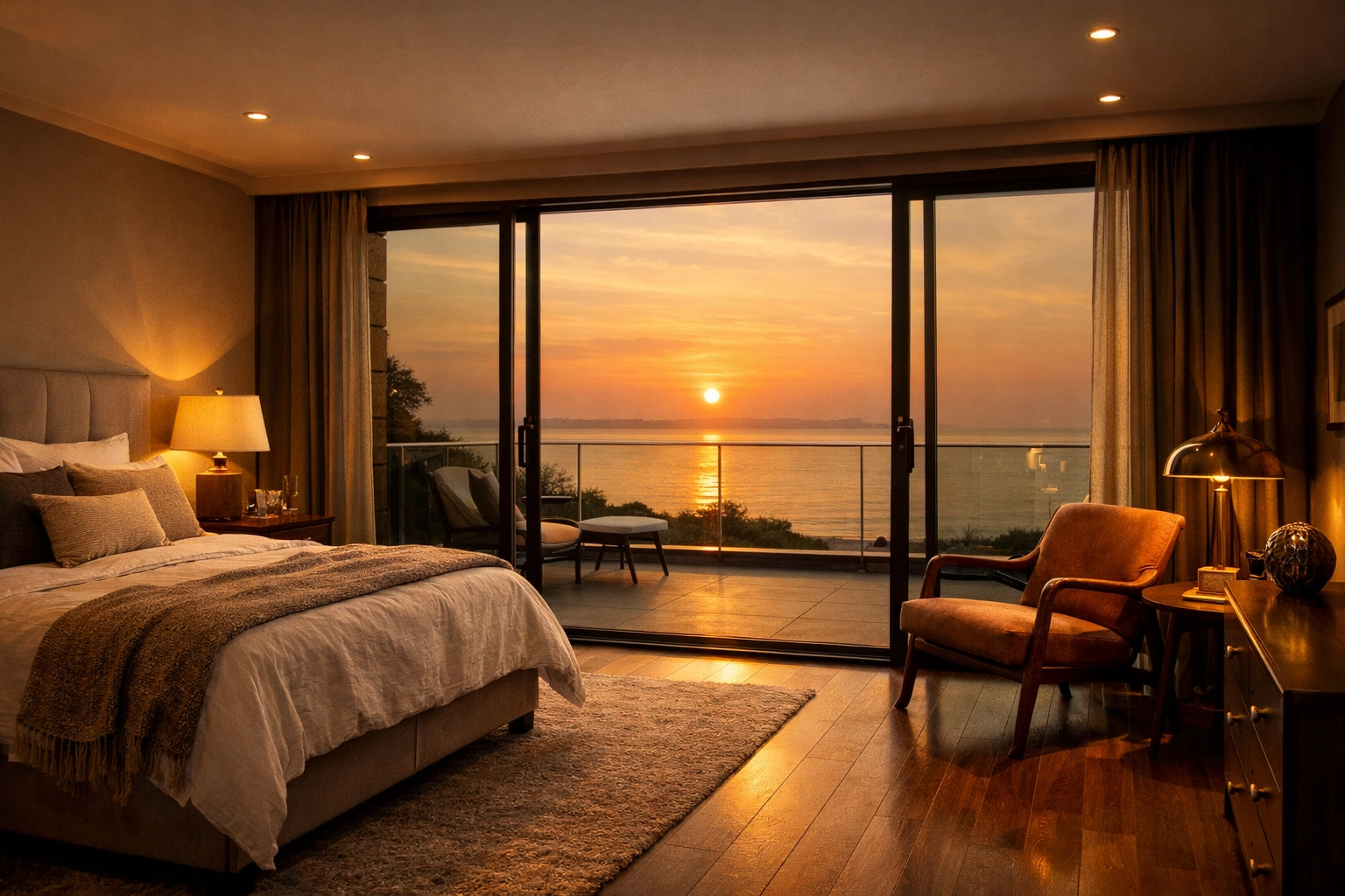 Luxurious master bedroom on a bungalow second-floor extension with West Sussex coastal views.