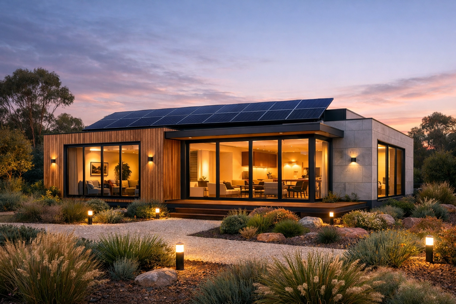 Modern energy-efficient modular home in Australia featuring solar panels and double-glazed windows.