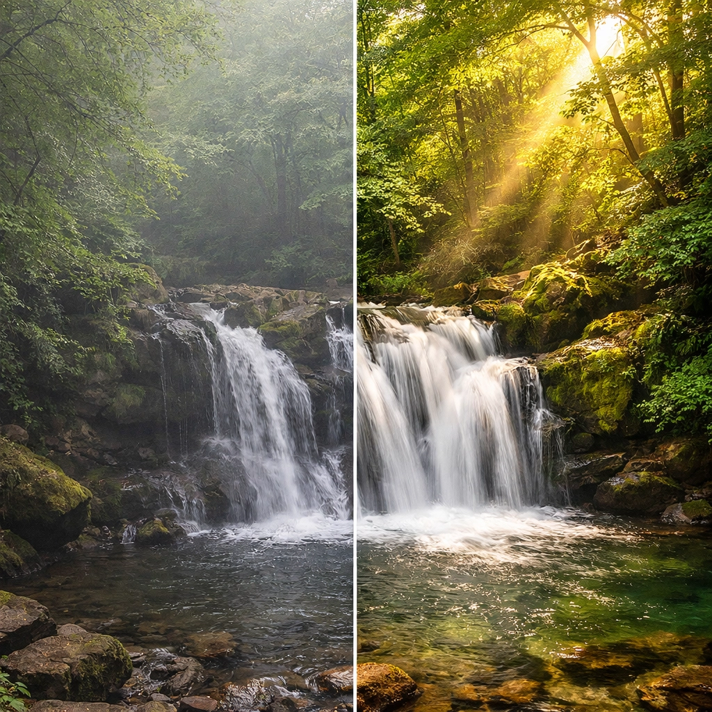 Before and after edit of a waterfall showcasing professional photo editing tutorials and landscape photography tips.