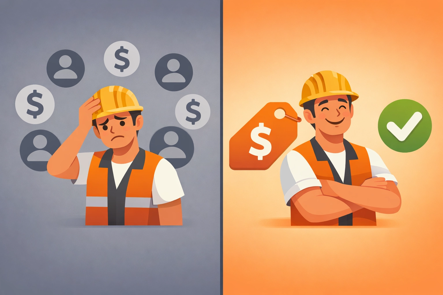 Comparison of expensive per-user contractor software fees versus affordable flat-rate pricing