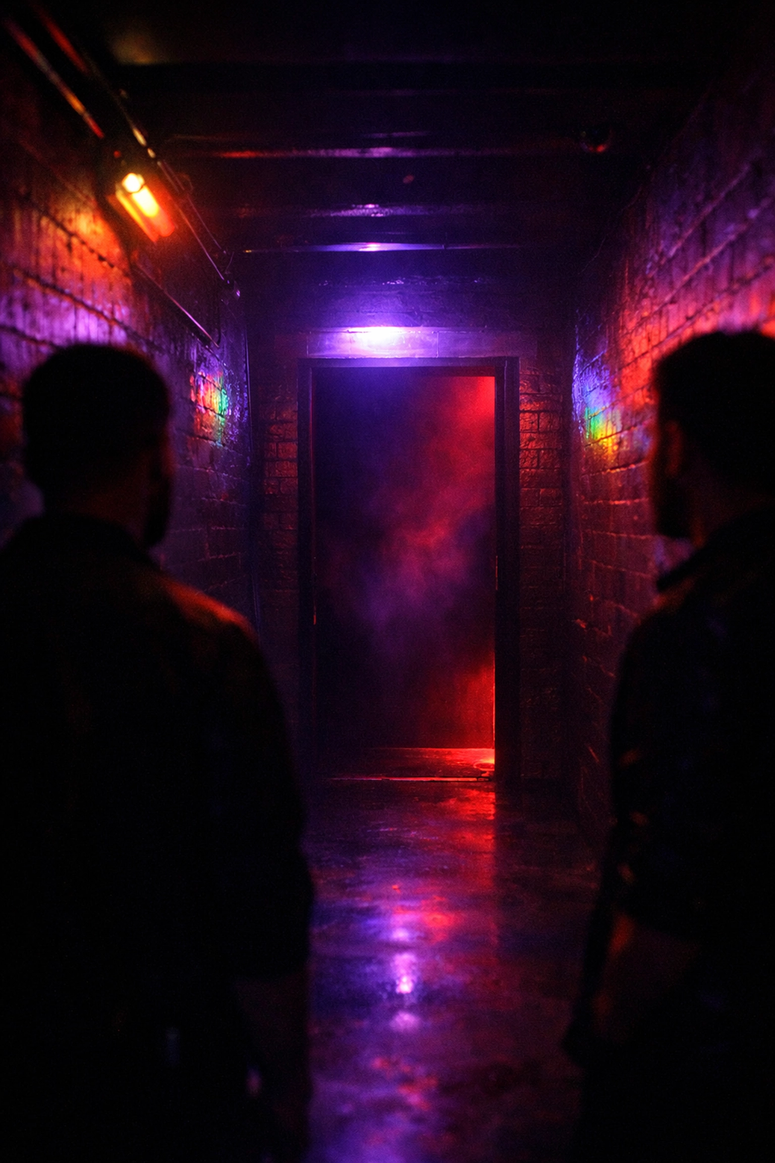 Dark room entrance in gay nightclub with dim purple lighting and two men silhouettes