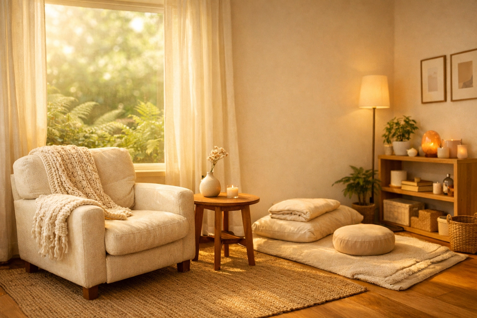 A warm, serene therapy room setting designed for safe and supportive anxiety therapy sessions.
