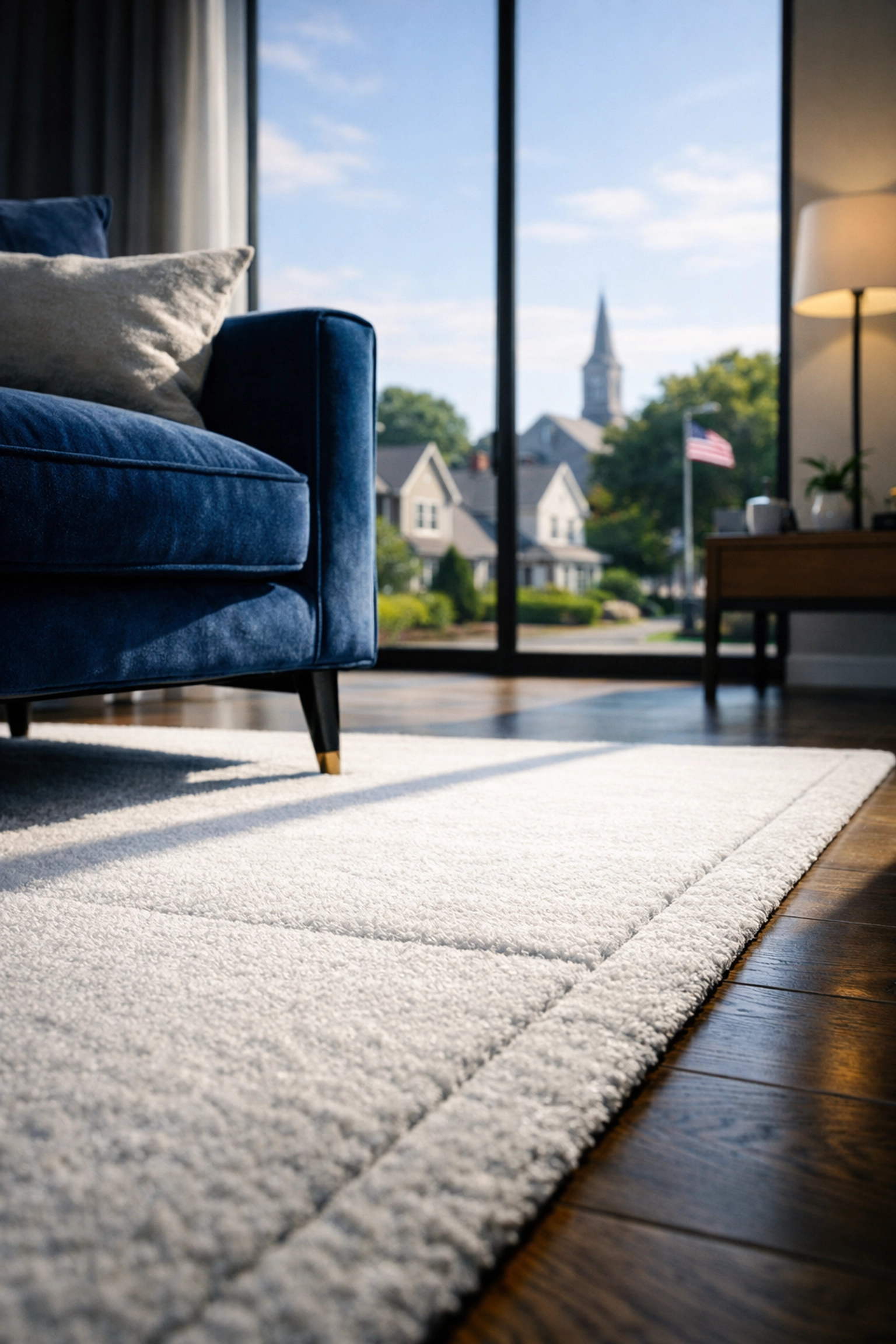 Pristine living room with vacuumed white rug, demonstrating quality House Cleaning Services MA.