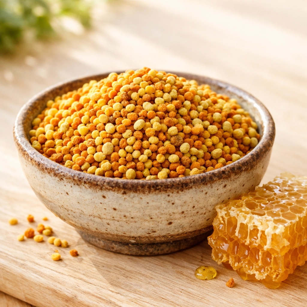 Pure bee pollen granules in a bowl, a natural dietary supplement for energy.