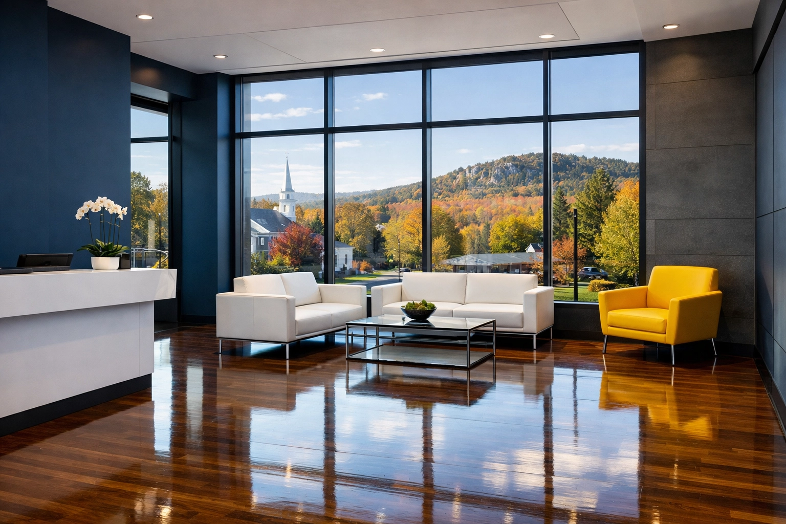 Clean commercial office lobby in Gardner, MA, showing the results of professional janitorial services.