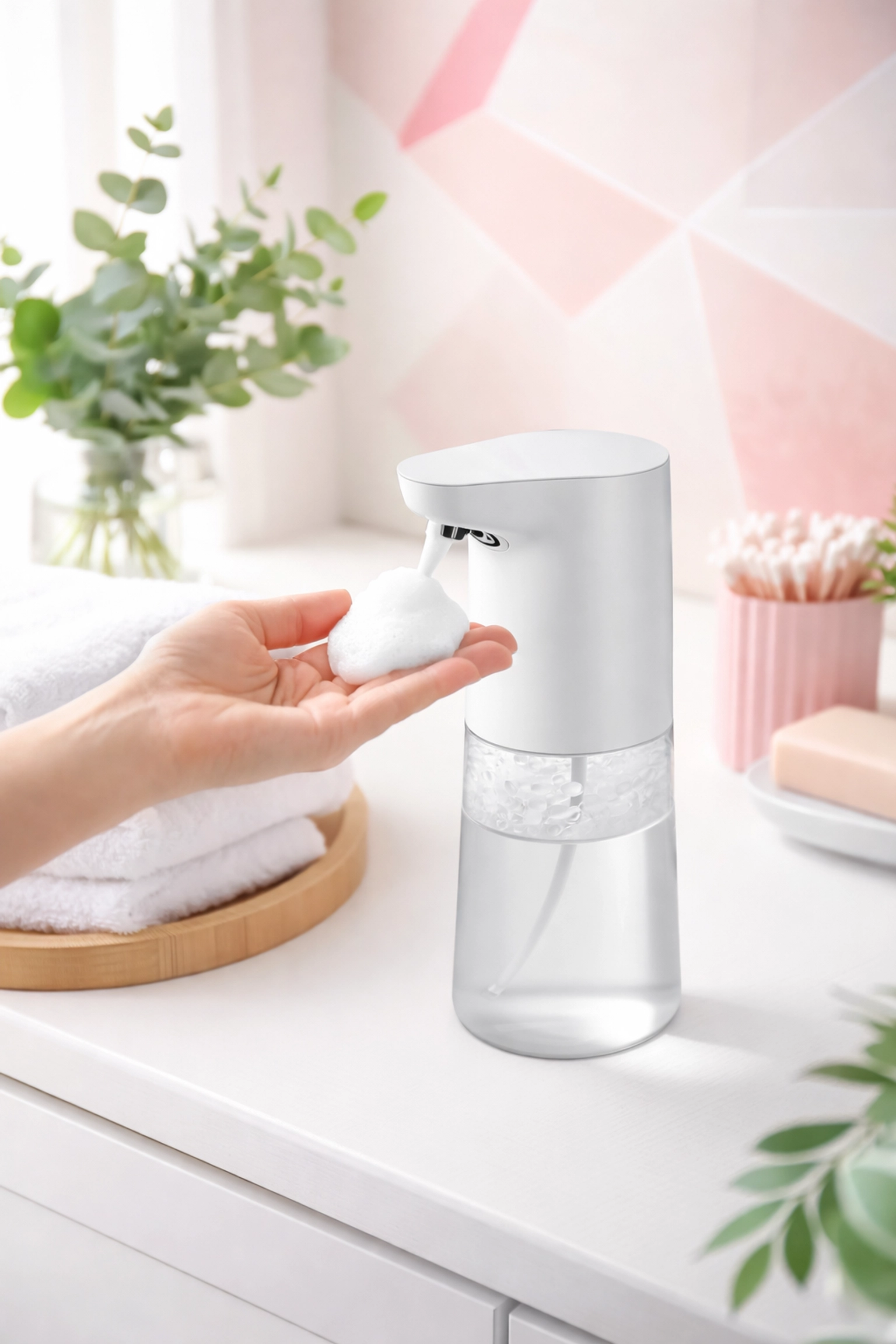 Modern bathroom with touchless soap dispenser, emphasizing hygiene for virus prevention at home
