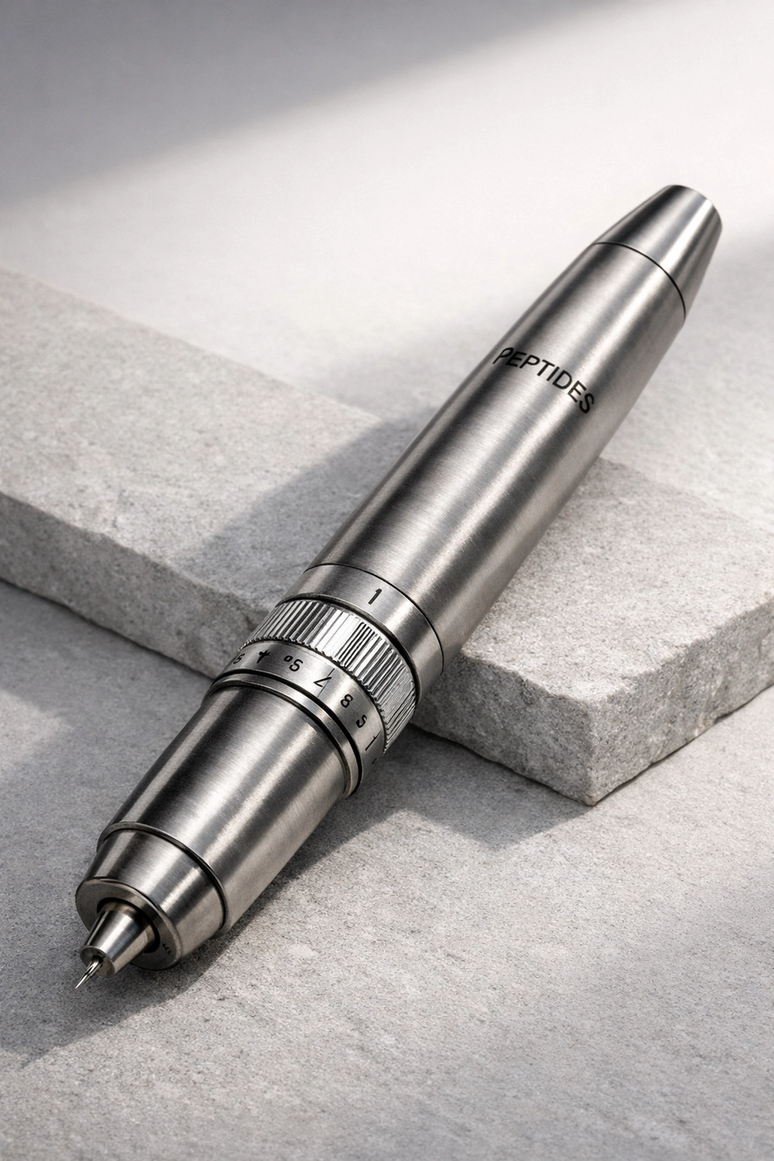 Premium metallic reusable peptide pen resting on a stone surface for precision dosing.
