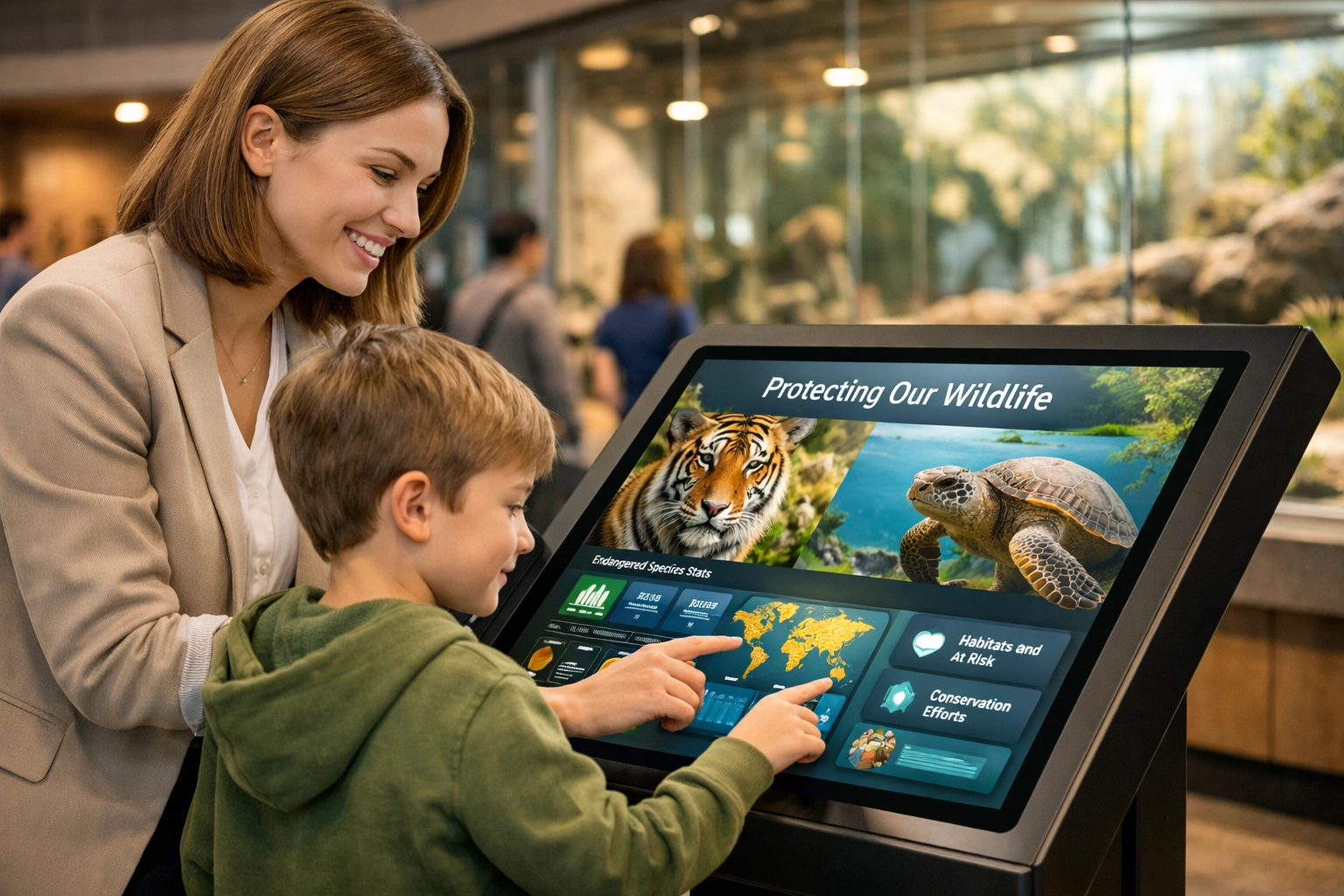 Visitors interacting with an educational kiosk at a zoo, demonstrating brand alignment with conservation missions.