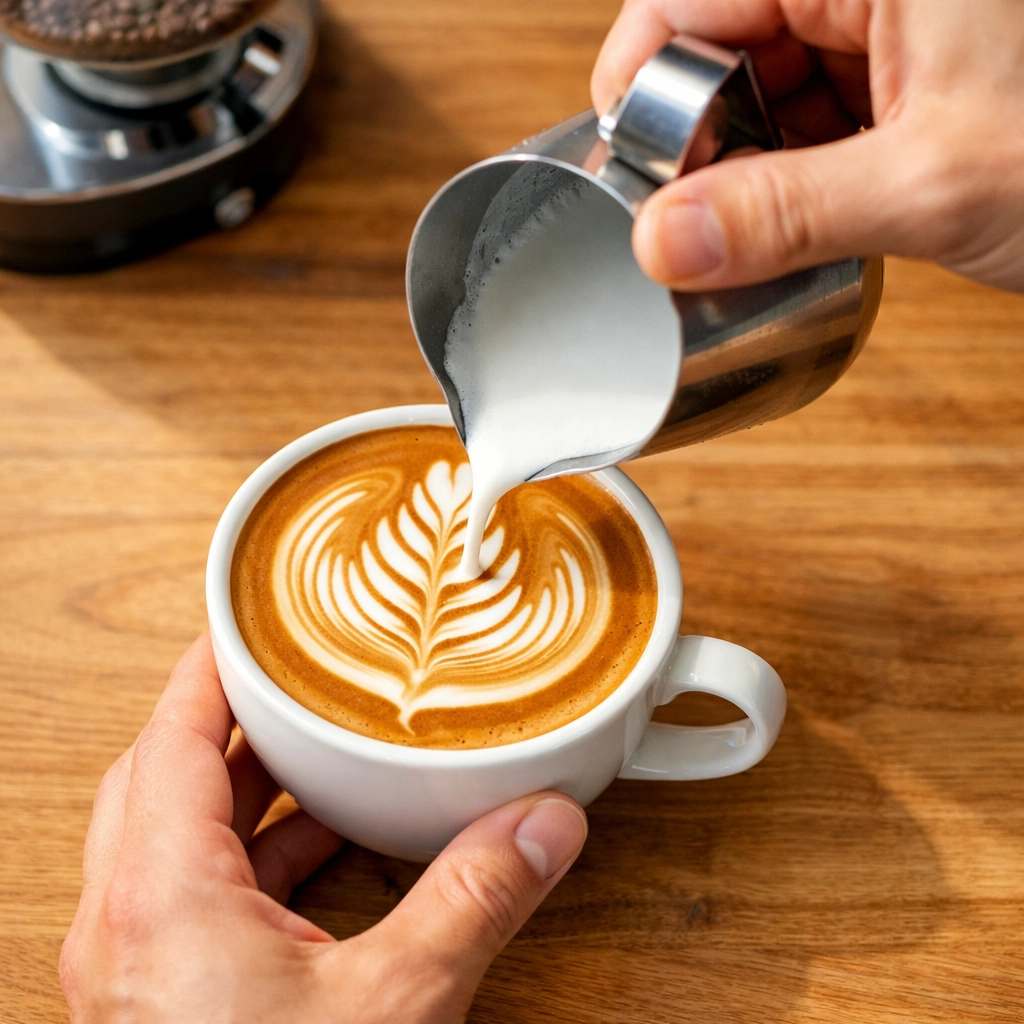 Barista hands pouring latte art rosetta pattern into espresso cup