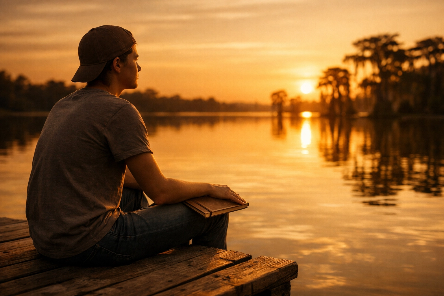 Young adult reflecting by a calm lake at sunset, showing peace found with Orlando Christian counseling for anxiety.