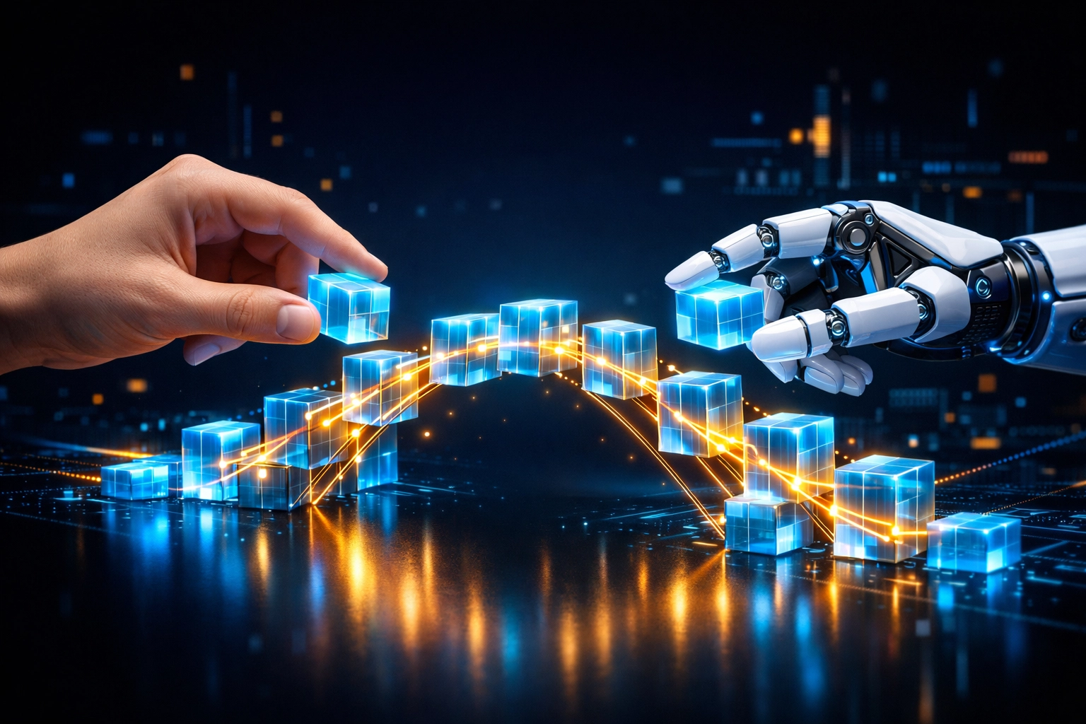 Menschliche und Roboterhand bauen eine Brücke zur KI-Weiterbildung für HR-Abteilungen.