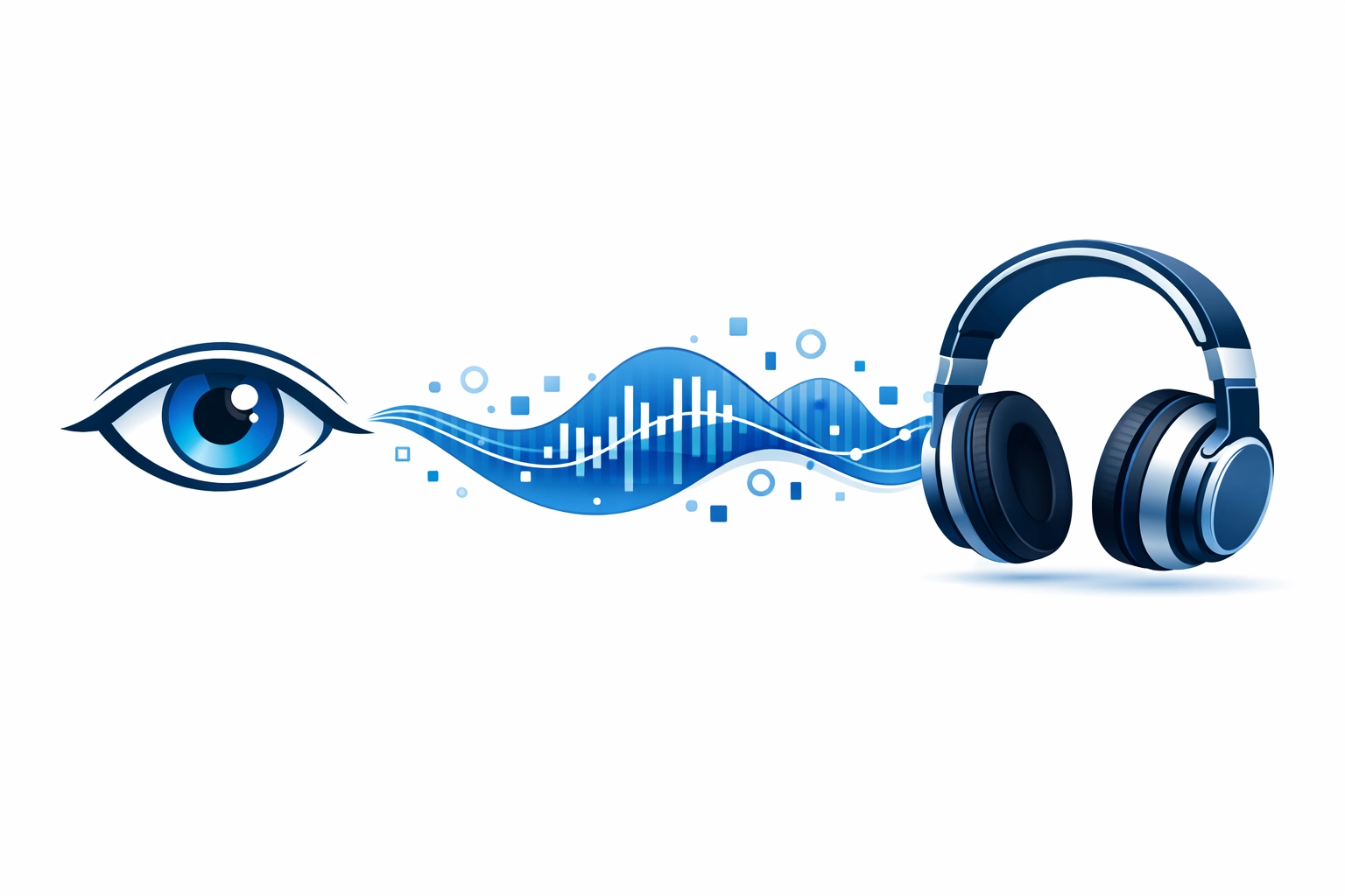 Illustration of visual data converting to audio signals for screen reader accessibility and inclusive design.