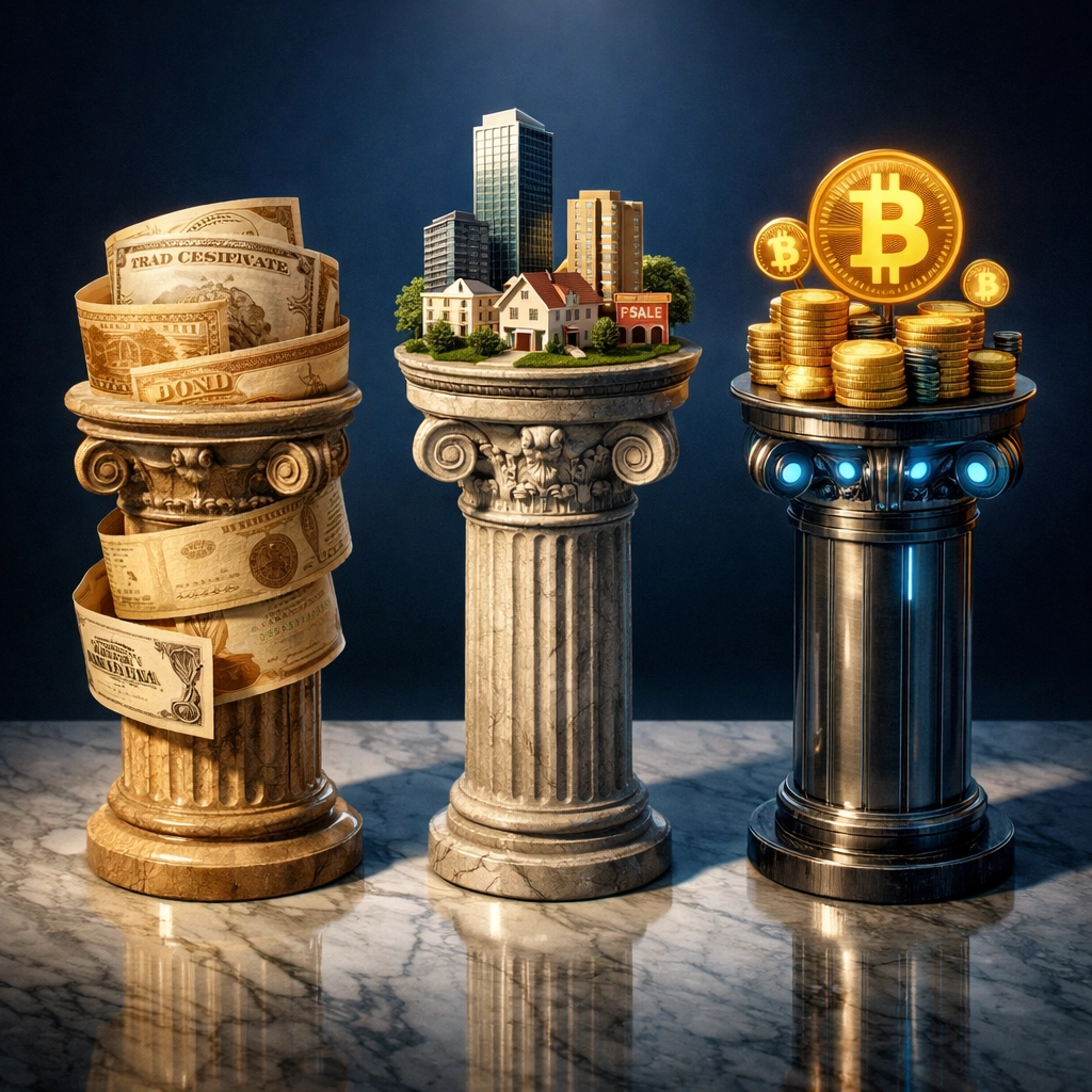 Three pillars representing diversified asset classes: traditional investments, real estate, and cryptocurrency