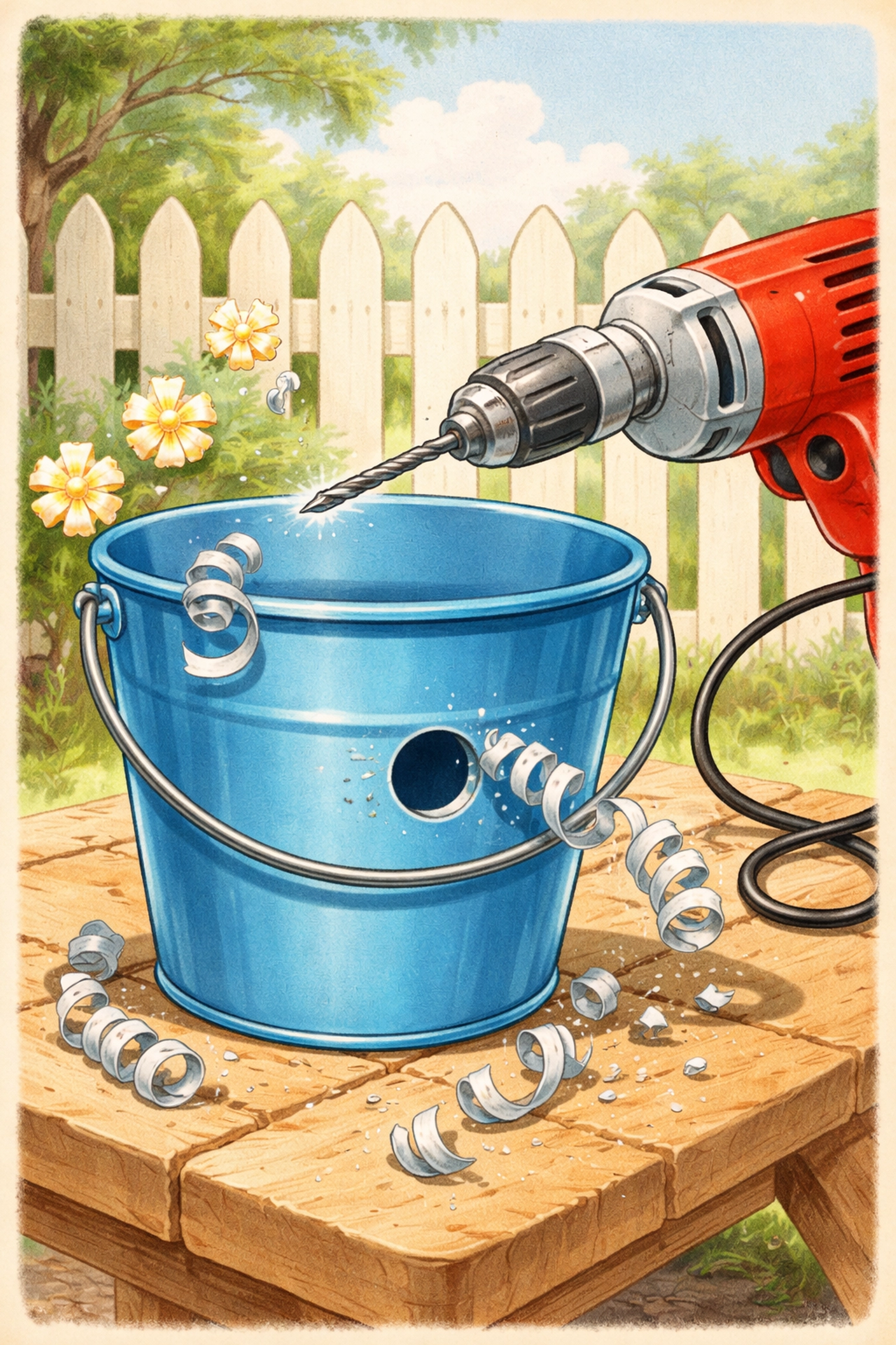 A playful vintage drawing showing a drill making a hole in a blue bucket for a DIY PVC strawberry tower project.