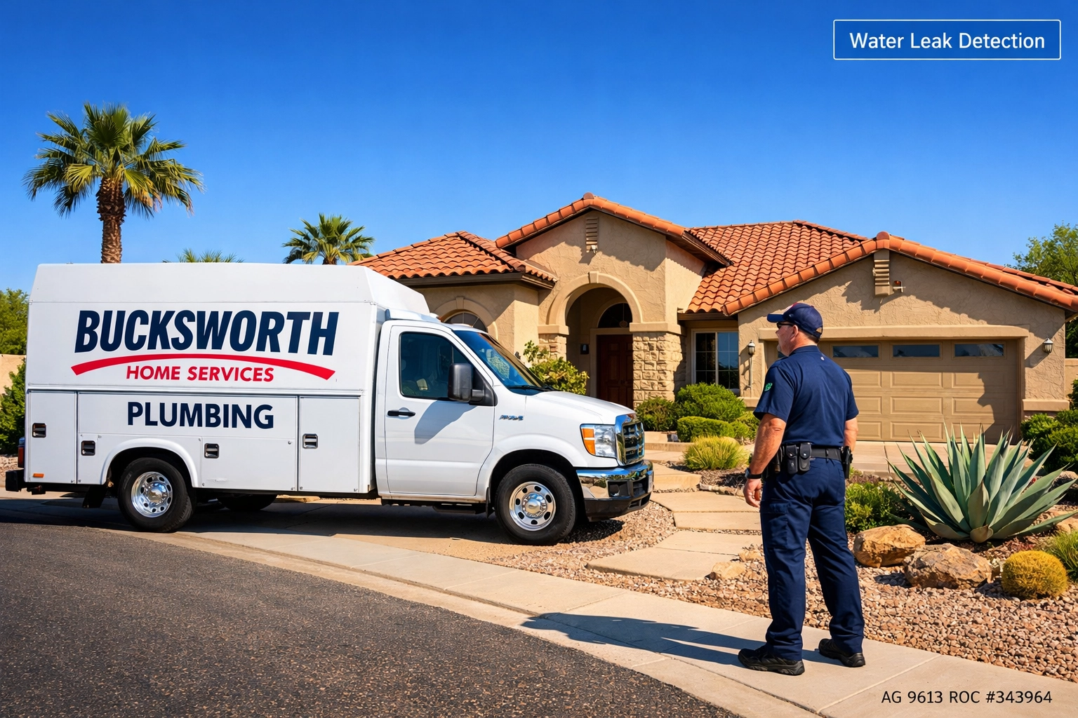 Bucksworth Home Services plumbing truck and technician providing expert water leak detection in Chandler AZ.