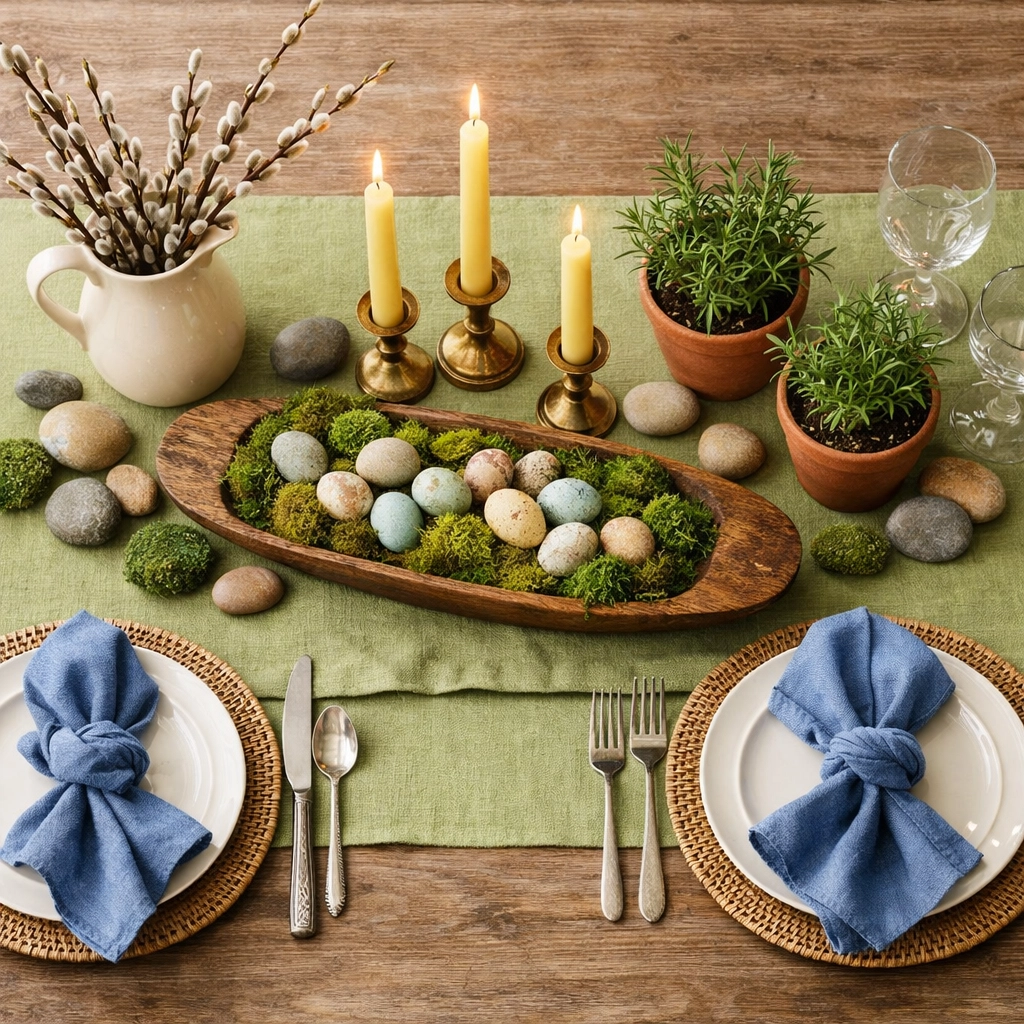 Biophilic Easter tablescape with pistachio runner, candles, herbs, and natural elements