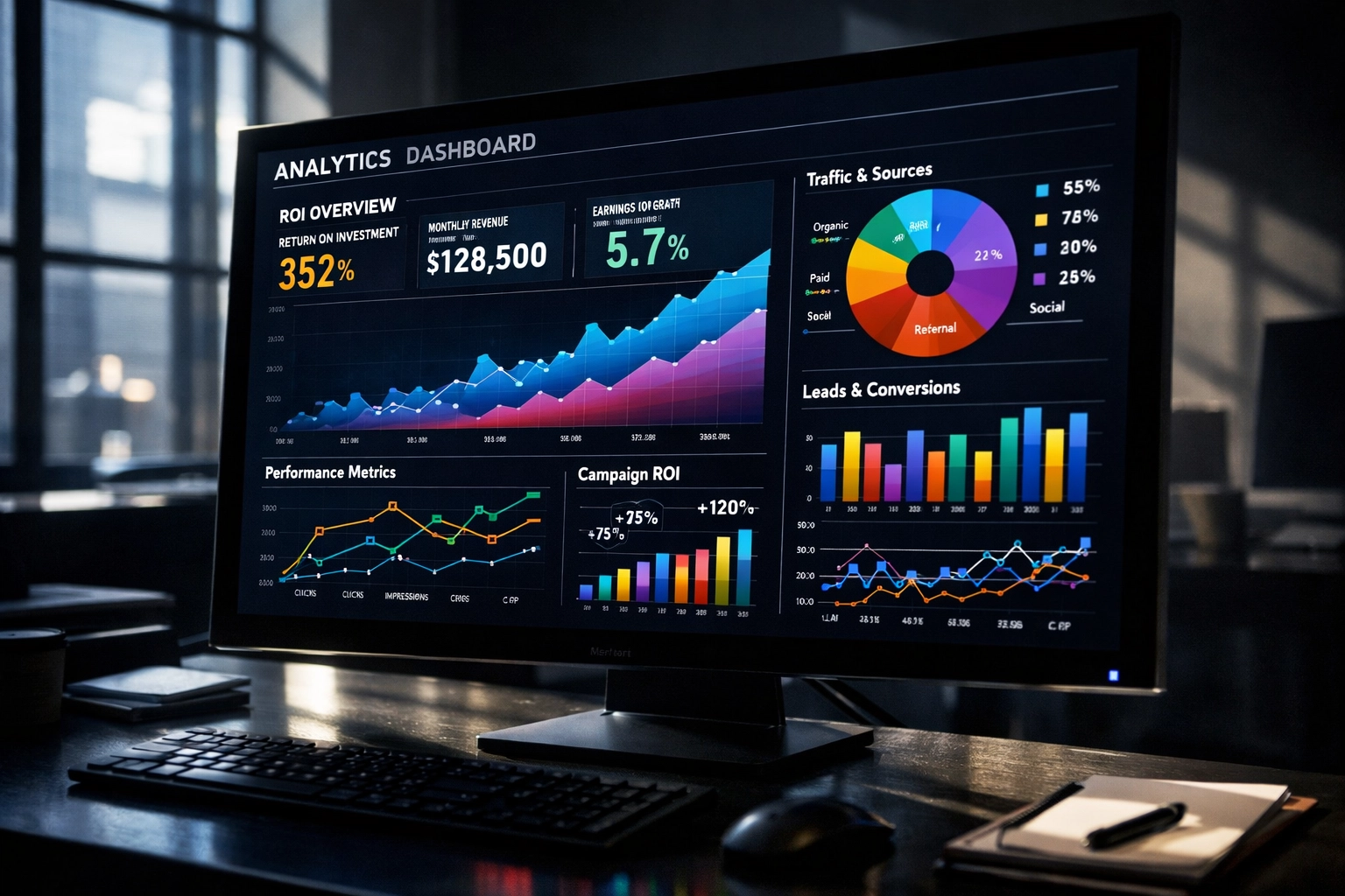 Press release ROI analytics dashboard showing performance metrics and data tracking