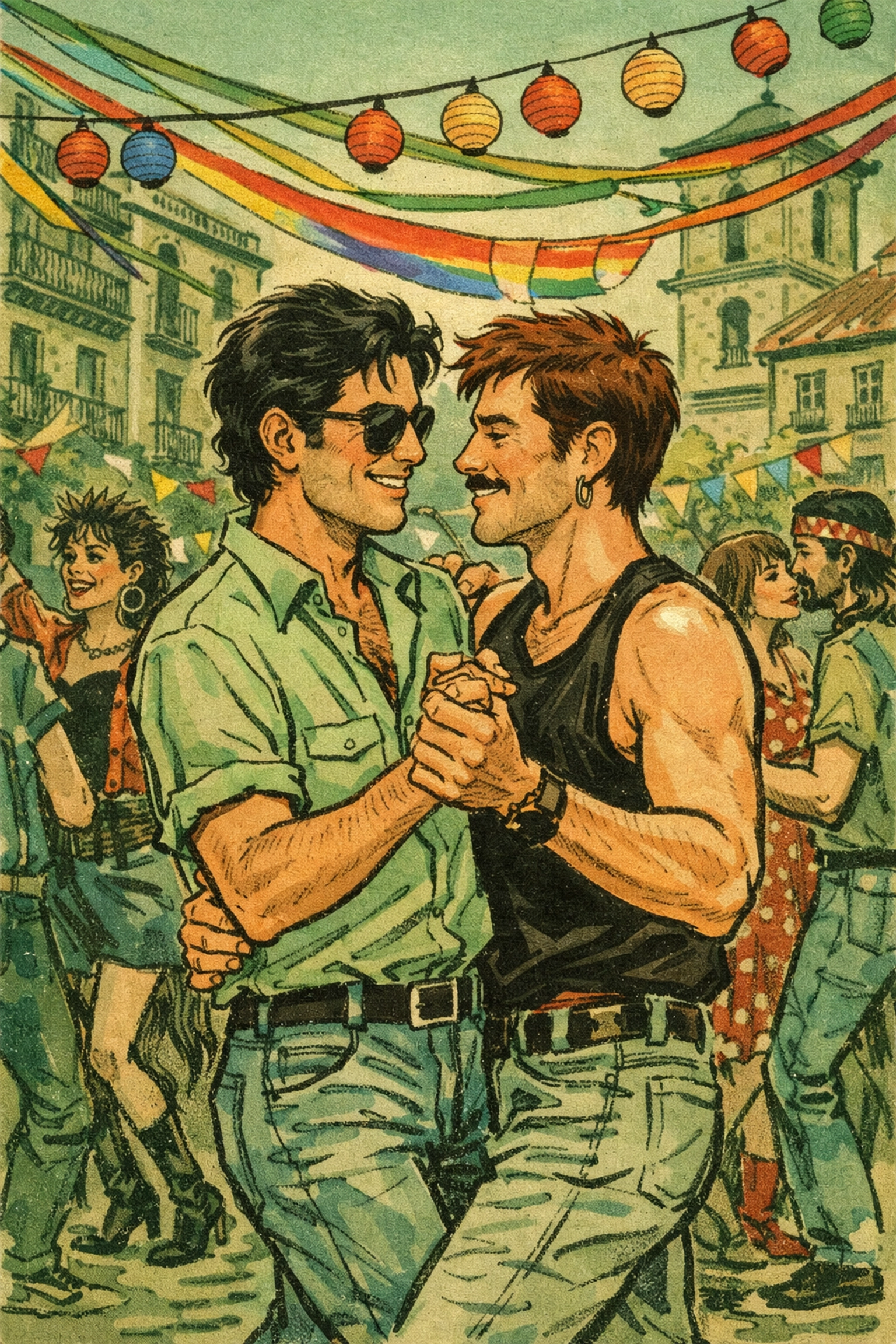 Two men dancing at La Movida Madrileña street festival in 1980s Madrid