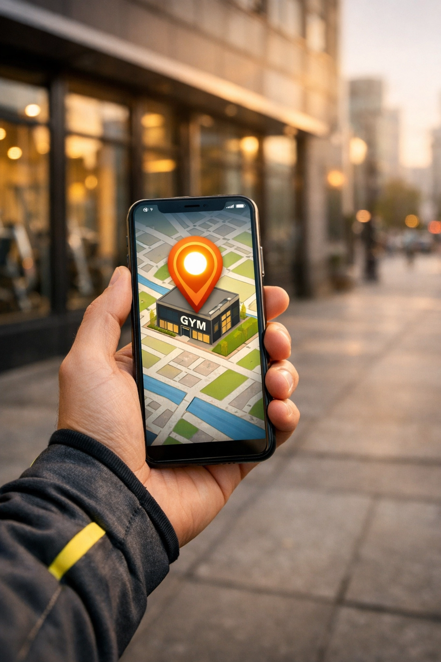Person using a mobile map to find a fitness studio, demonstrating local SEO for gyms and lead generation.
