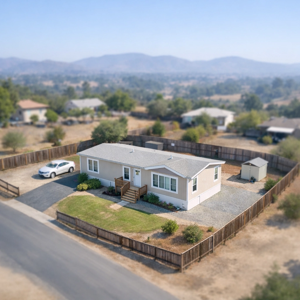 Aerial view of land-owned manufactured home with private lot in North San Diego County