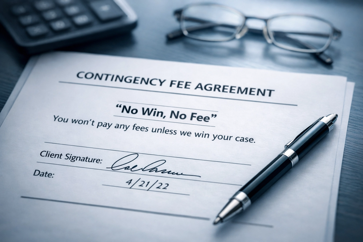 Contingency fee agreement showing no win no fee policy with a Boston personal injury lawyer