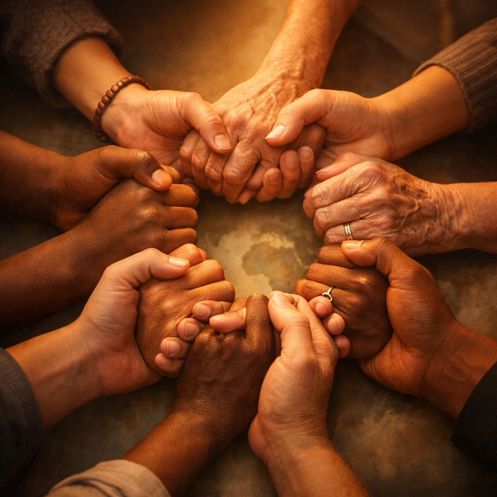 Diverse hands joined together in prayer circle over world map showing unity and global intercession