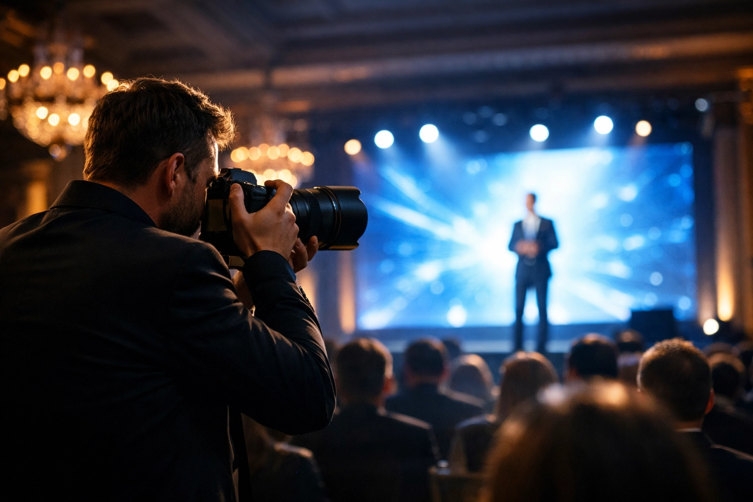 Corporate event photographer capturing a keynote speaker at a prestigious New York City conference.