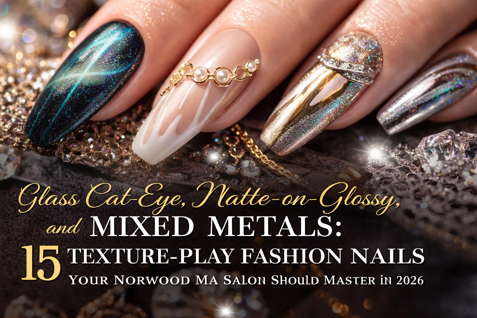 [HERO] Glass Cat-Eye, Matte-on-Glossy, and Mixed Metals: 15 Texture-Play Fashion Nails Your Norwood MA Salon Should Master in 2026