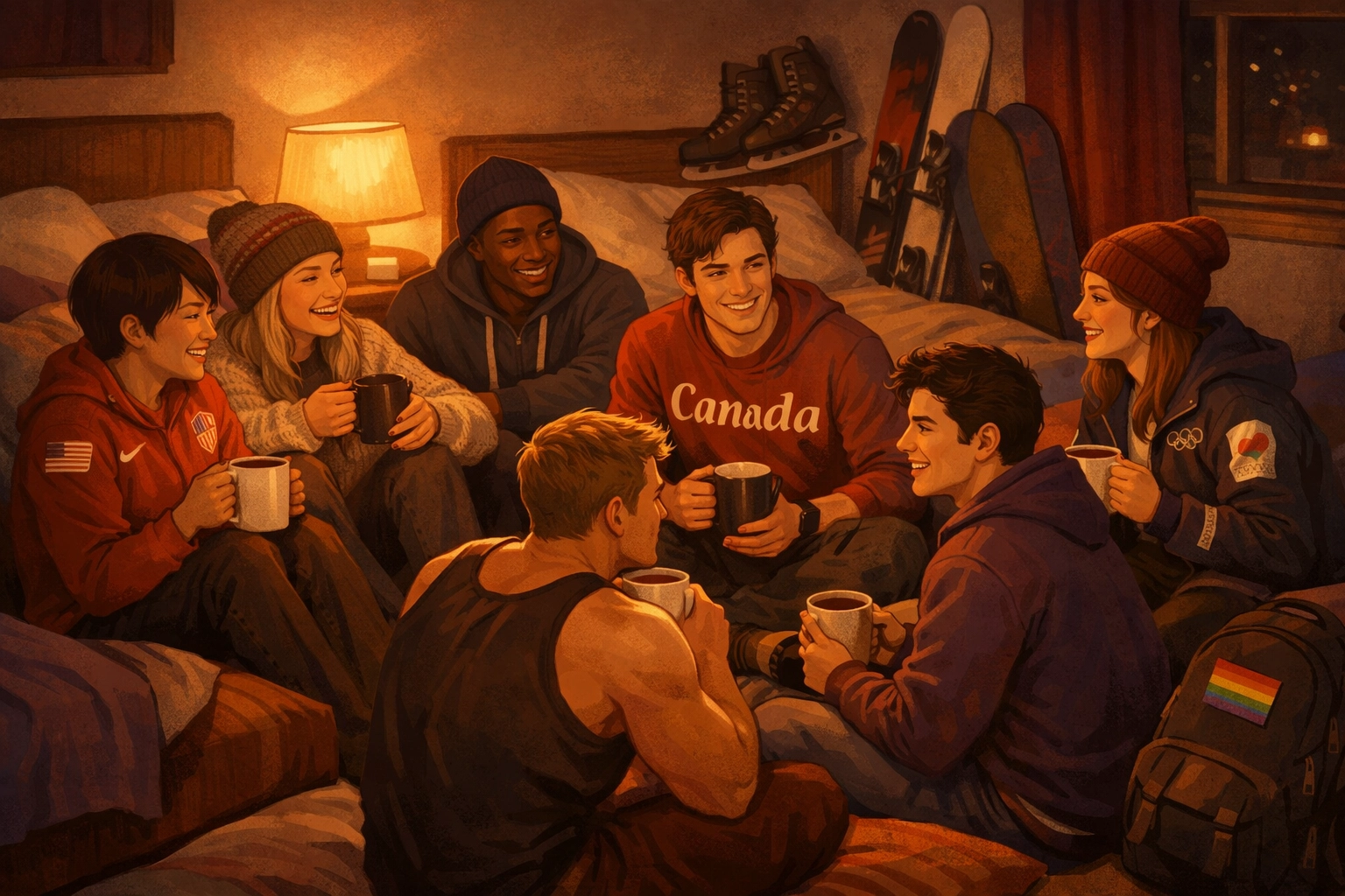 LGBTQ+ Olympic athletes gathering in dorm room finding community and safe space together