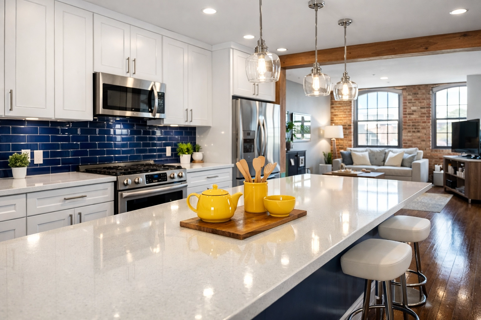 A spotless open-concept kitchen in Worcester, MA, illustrating a successful move-out cleaning.