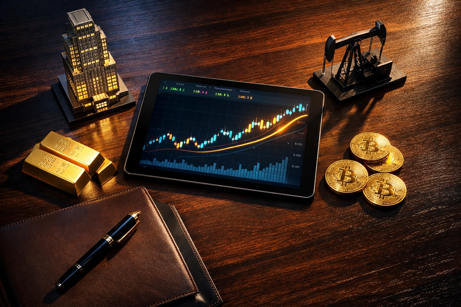 Institutional alternative investments including real estate, gold, Bitcoin, and financial analytics