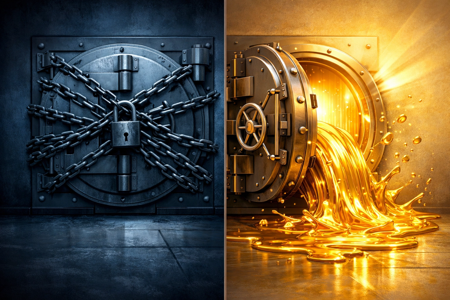 Investment liquidity comparison showing locked illiquid assets transforming into liquid alternatives