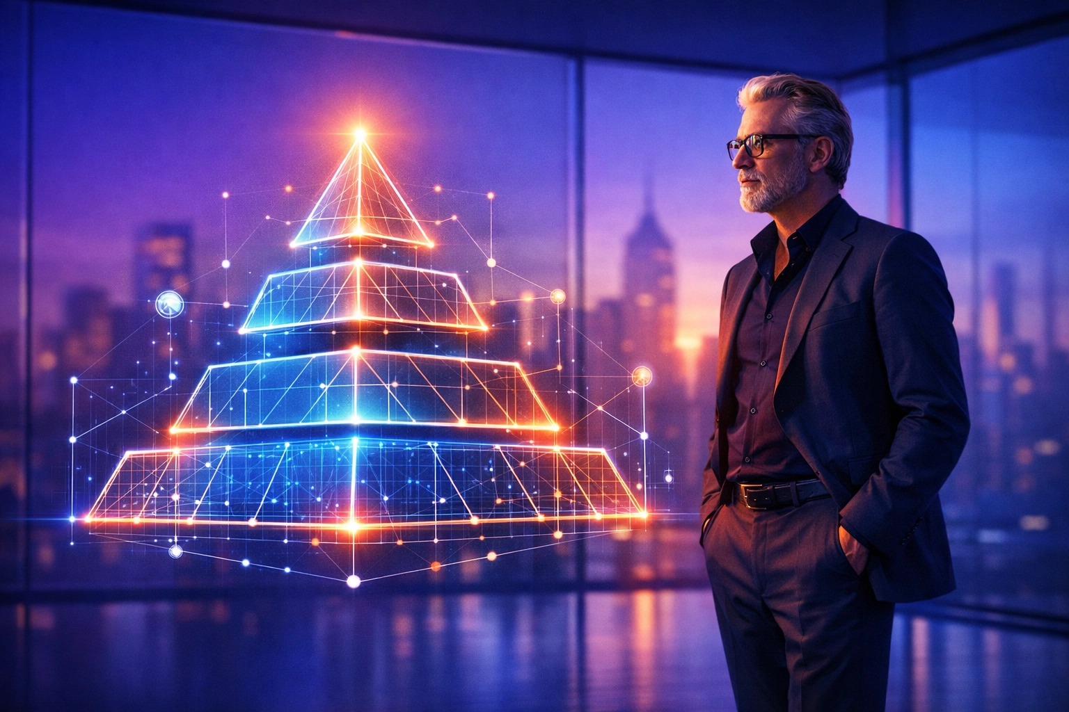 Visionary mentor analyzing digital brand architecture during an AI-Architect Audit for coaches.