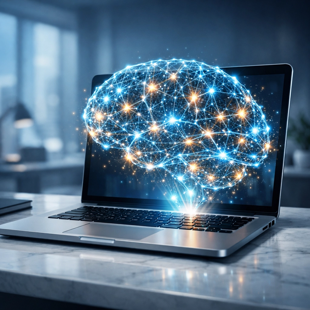 Sleek laptop displaying a glowing AI neural network representing a 24/7 AI Chat Agent for sales.