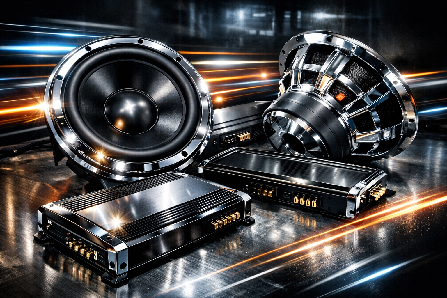 Selection of premium car audio amplifiers and subwoofers for professional sound systems.
