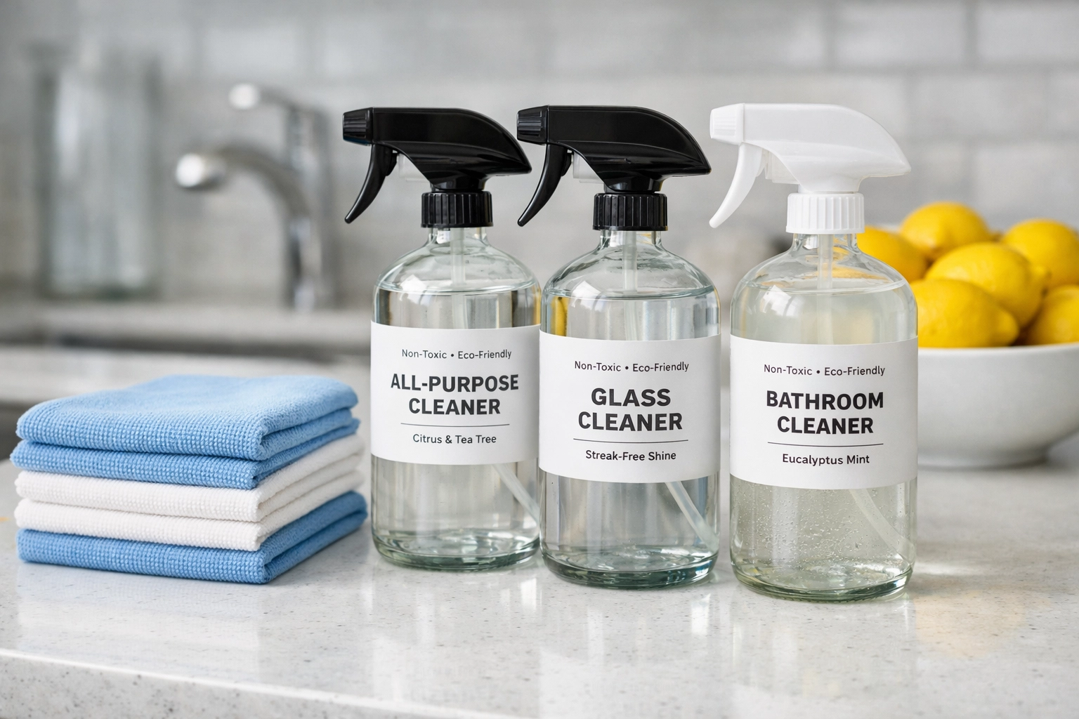Professional non-toxic cleaning products for luxury cleaning in Hamilton on a clean kitchen counter.