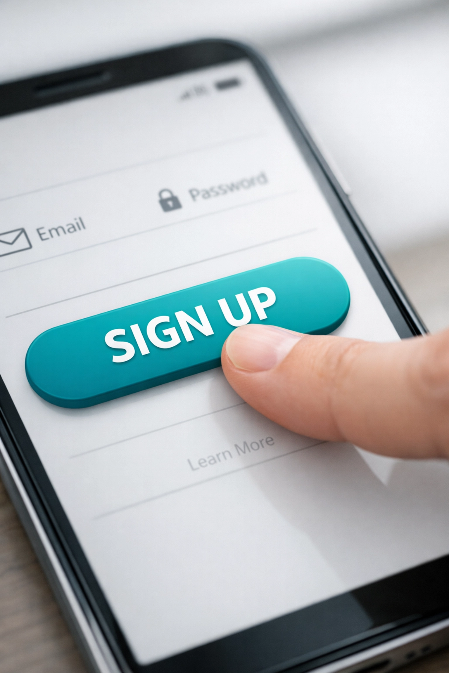 Hand tapping call-to-action button on mobile website for lead conversion
