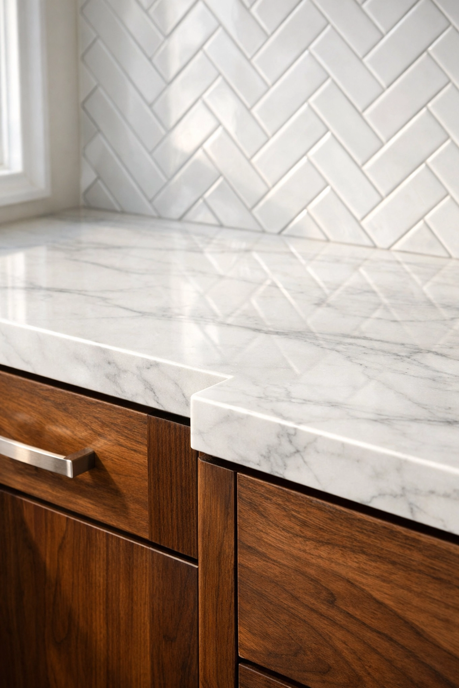 Premium marble countertop and herringbone tile installed by a professional Columbus Ohio home remodeling team.