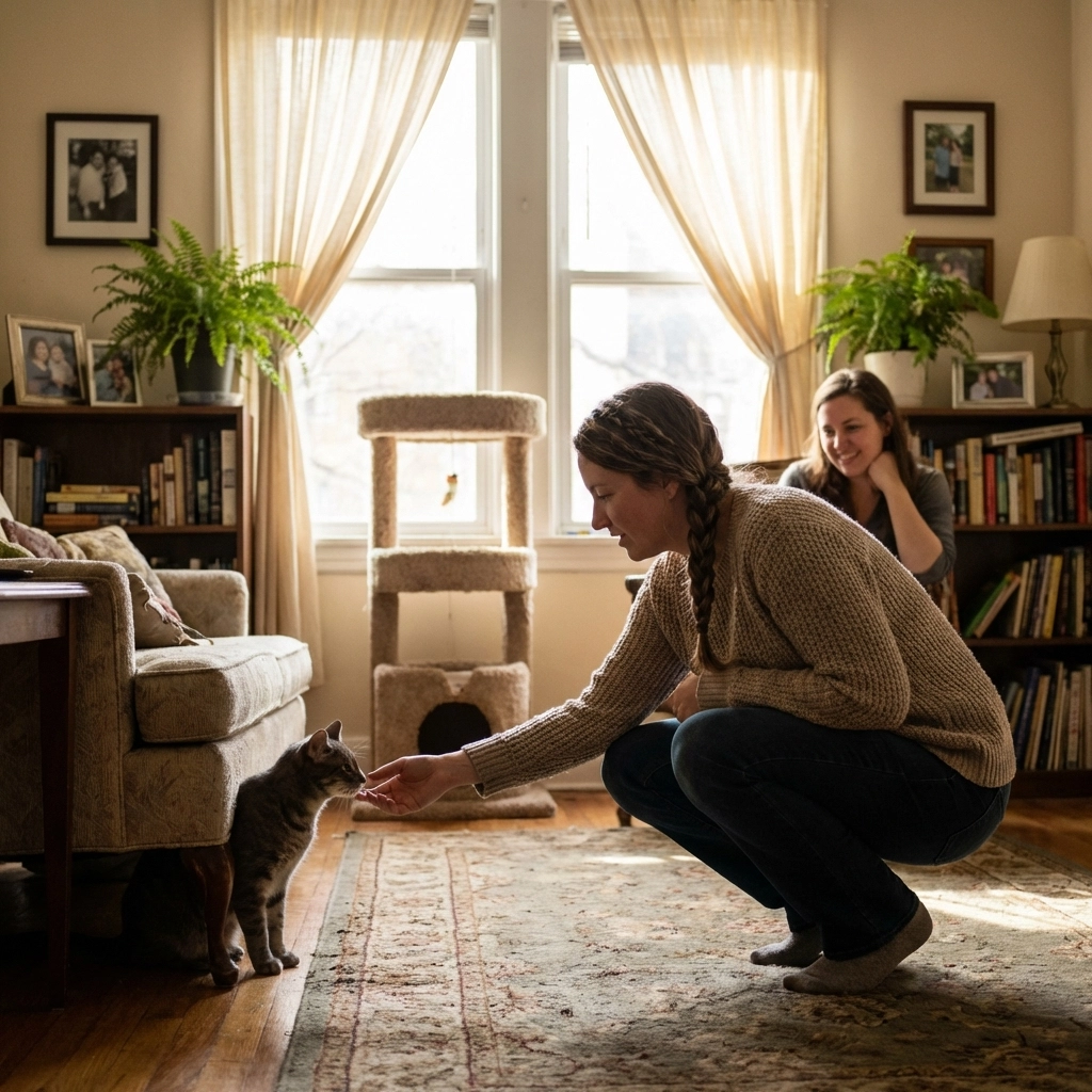 Cat sitter meeting shy gray cat at Oakland apartment, highlighting trusted cat sitting meet-and-greet process