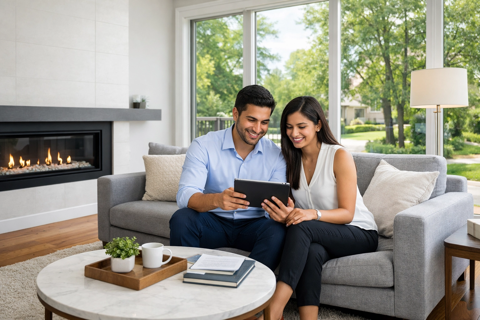 Couple in a modern Barrie home reviewing market data for their move to Innisfil.