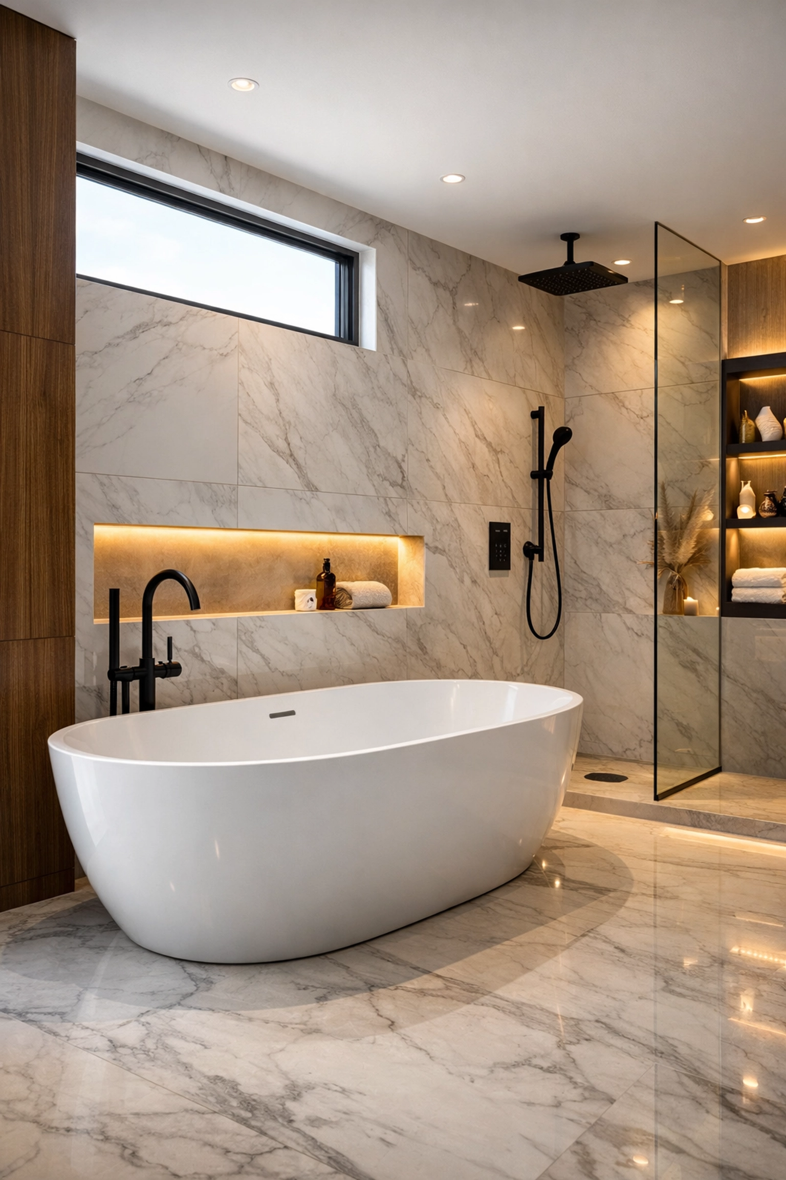 Luxury Orlando bathroom remodel with a freestanding soaking tub and modern marble tile finishes.