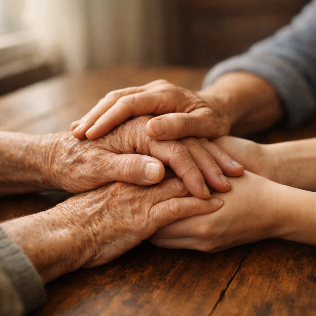 Two hands clasped together across table showing compassion and human connection