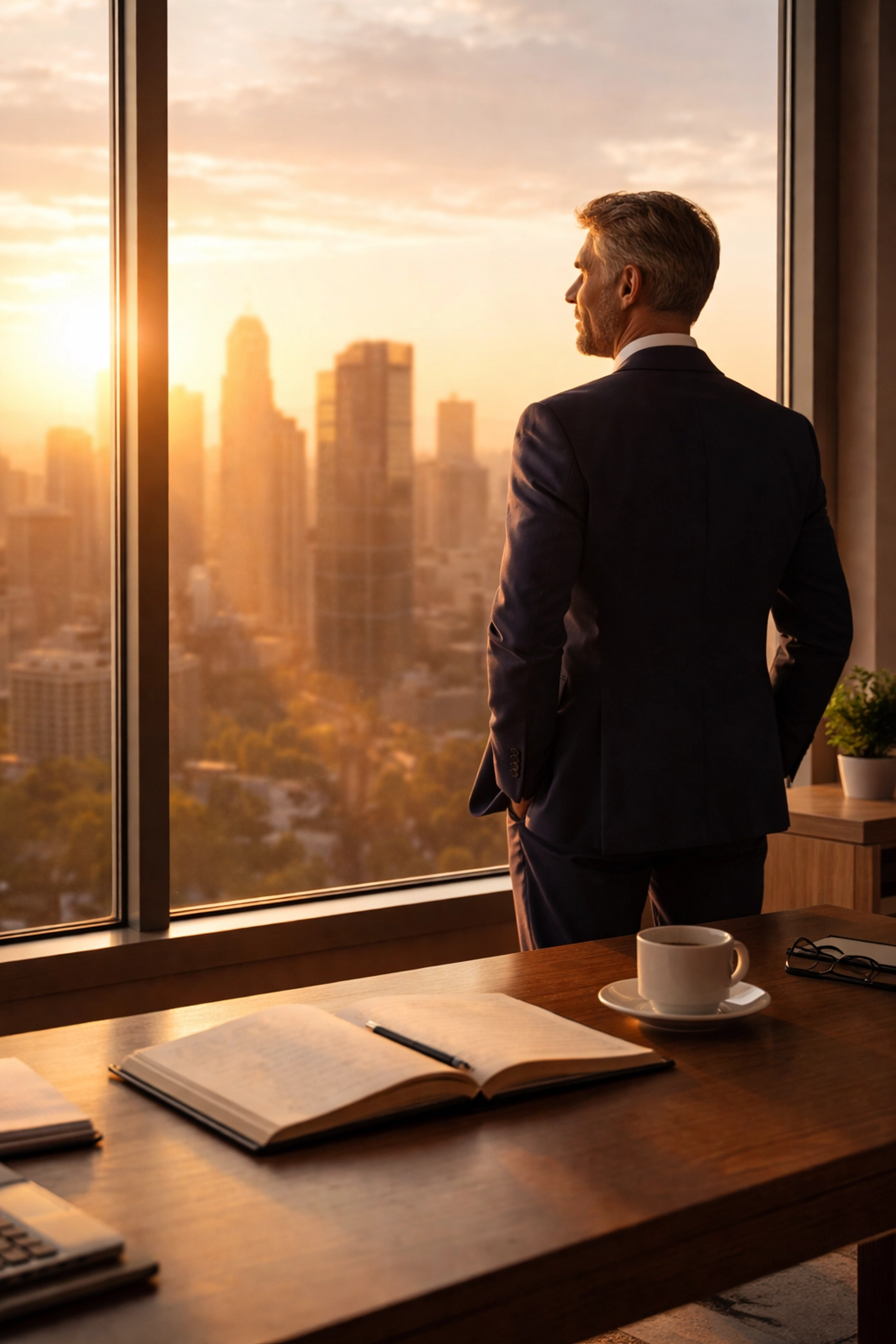 Business leader seeking wisdom at office window before making AI leadership decisions