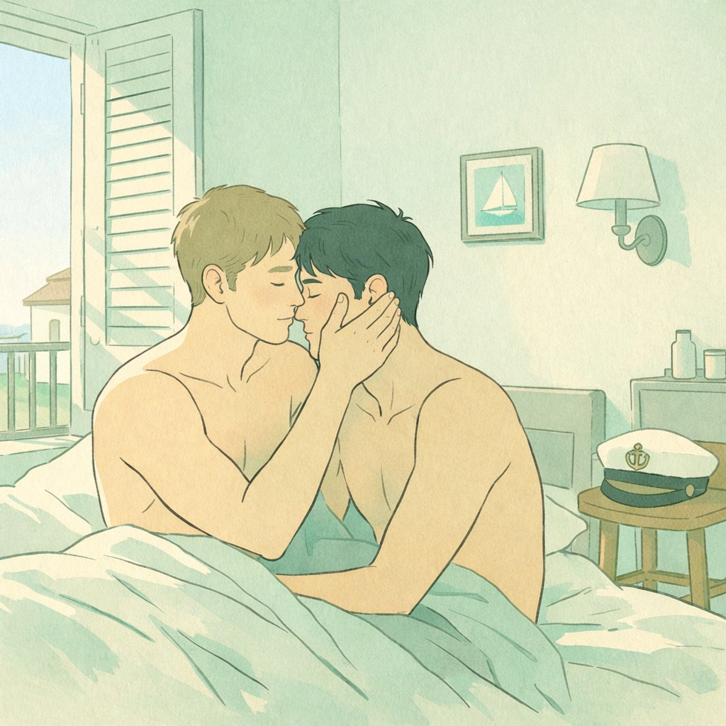 Two men in intimate embrace during sailor reunion in Mediterranean hotel room