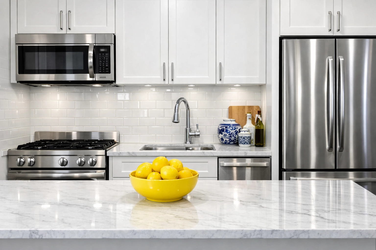 Sparkling clean Boston apartment kitchen with marble countertops and degreased stainless steel appliances.