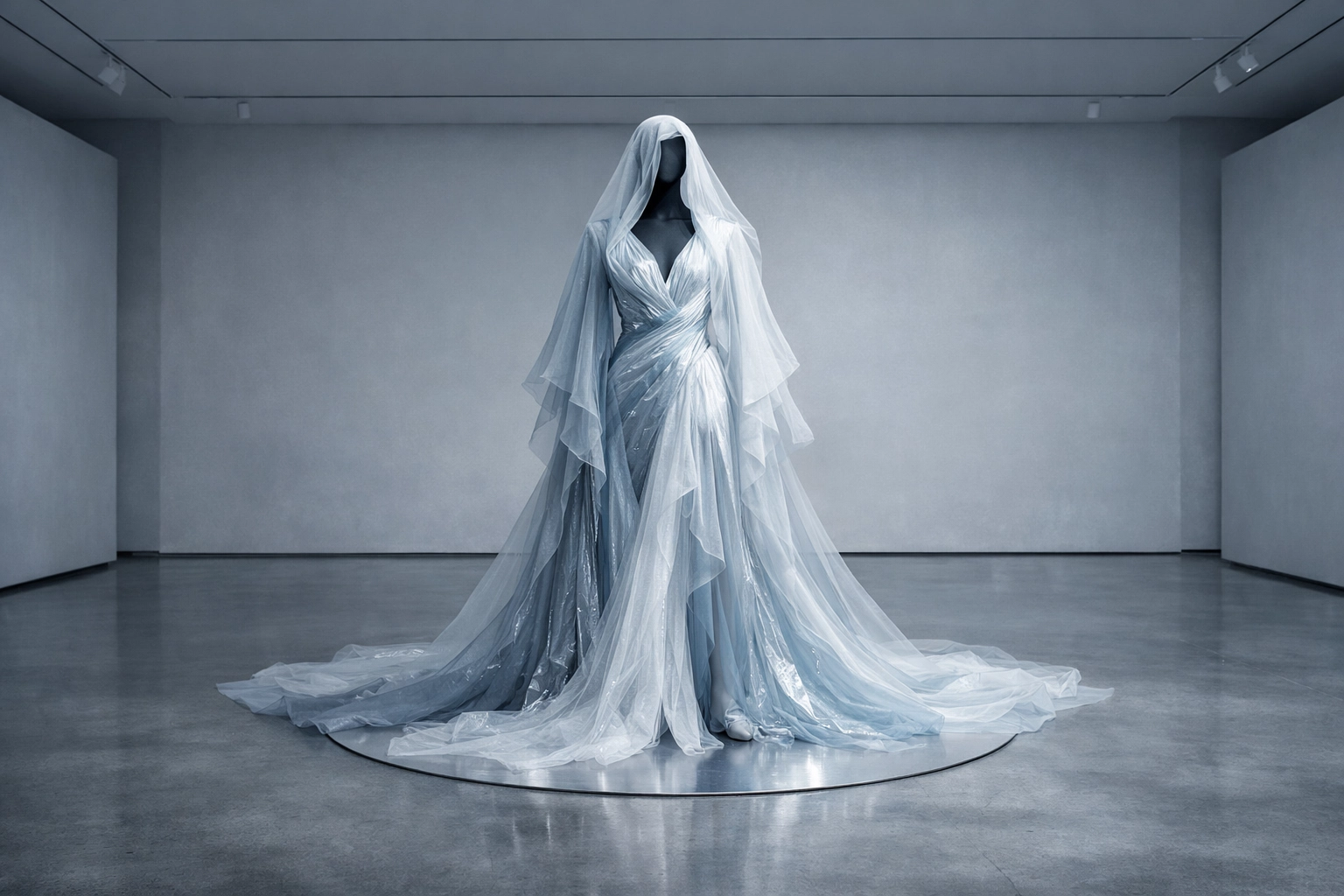 High-fashion alta costura garment in a gallery setting representing the intersection of art and Latin fashion.