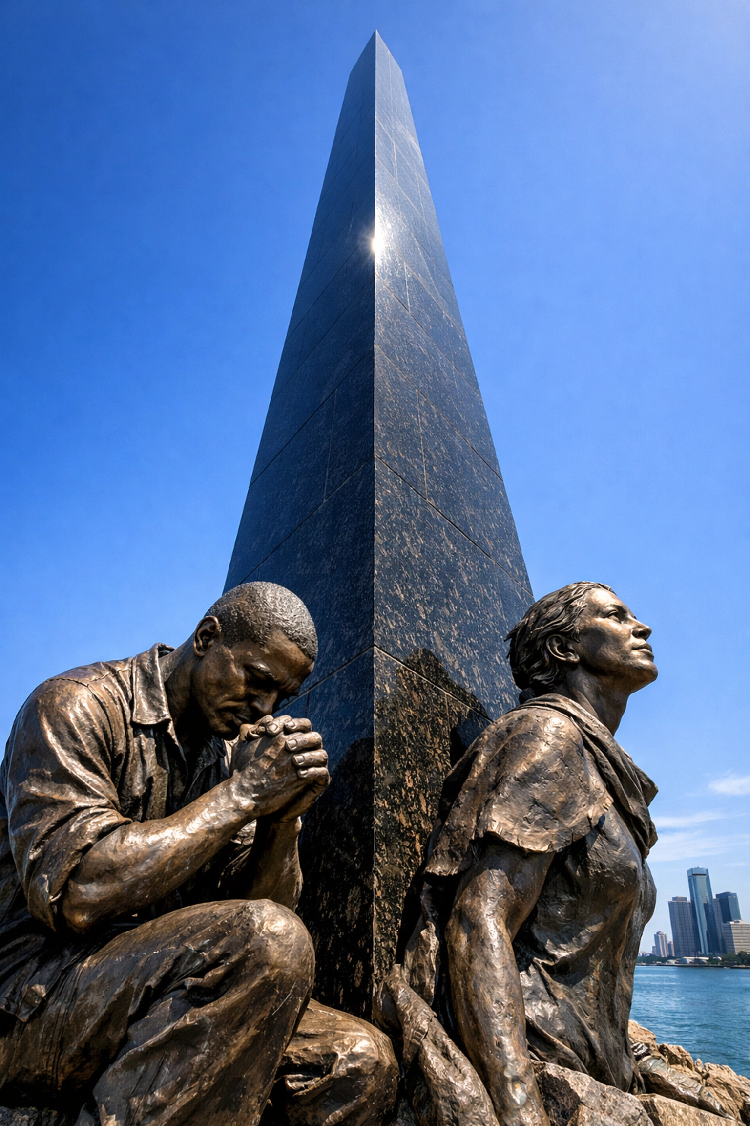 The Tower of Freedom memorial in Windsor, Ontario, capturing the relief of reaching Canada.