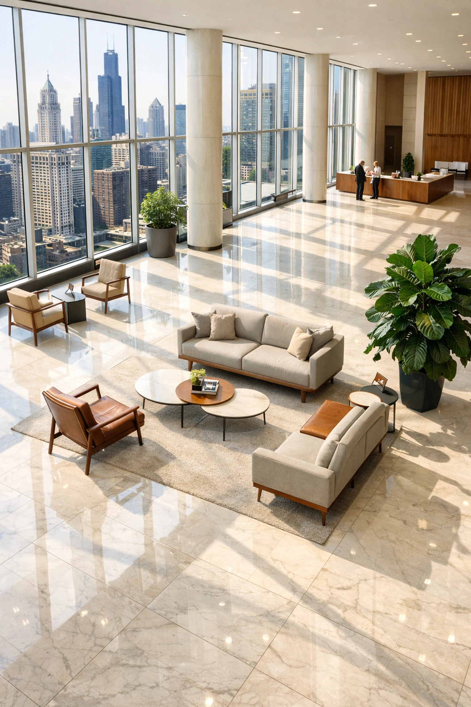 Pristine Chicago commercial office lobby with polished marble floors showing high maintenance standards.
